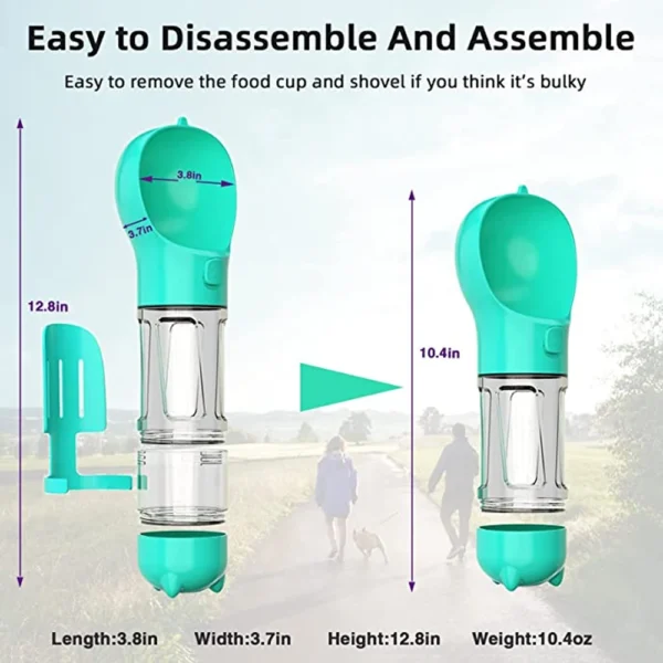 The Paw Portable Combines a Water Bottle, Food Cup, Poop Bag and Poop Shovel - all in one compact and portable Design. One bottle, every adventure.