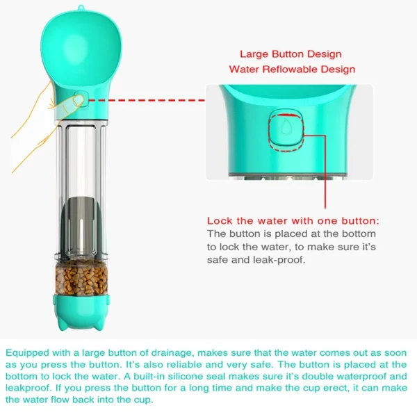 The Paw Portable Combines a Water Bottle, Food Cup, Poop Bag and Poop Shovel - all in one compact and portable Design. One bottle, every adventure.